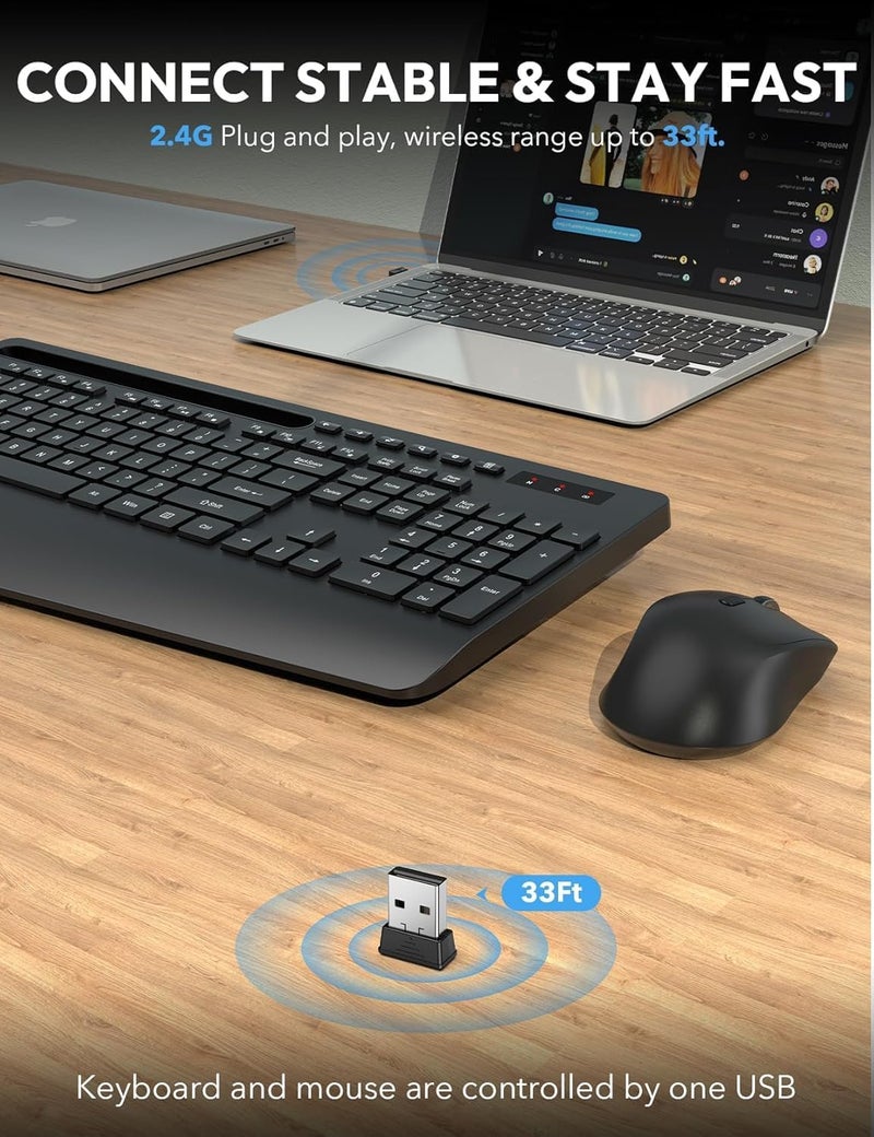 SABLUTE Wireless Keyboard and Mouse Combo - Full Size Ergonomic Wrist Rest, Silent Typing, Phone Holder, 2.4 GHz, 3 Level DPI, Batteries Powered, Compatible with PC, Laptop, Windows, macOS - Image 4
